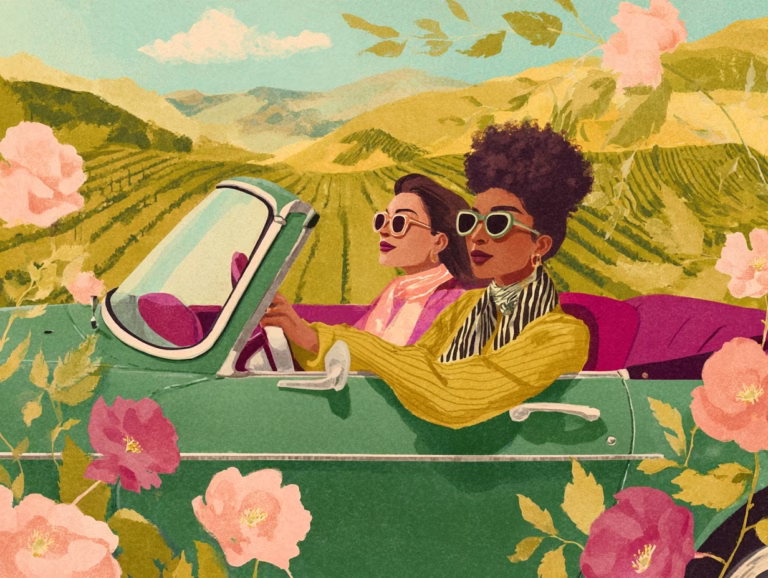 women driving through a winery in sonoma