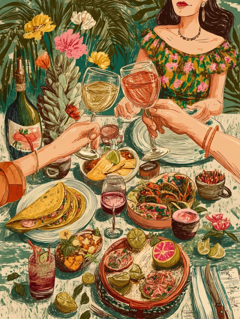 Table with a taco spread and people toasting with mexican wine