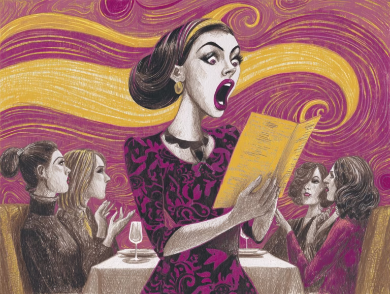 woman screaming while ordering wine at restaurant