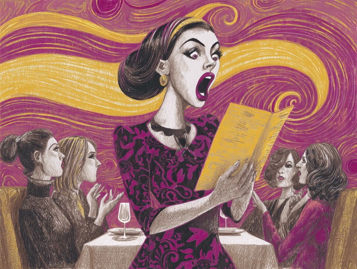 woman screaming while ordering wine at restaurant