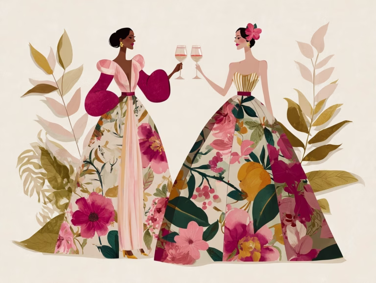 mixed media illustration of women in gowns toasting with white wine