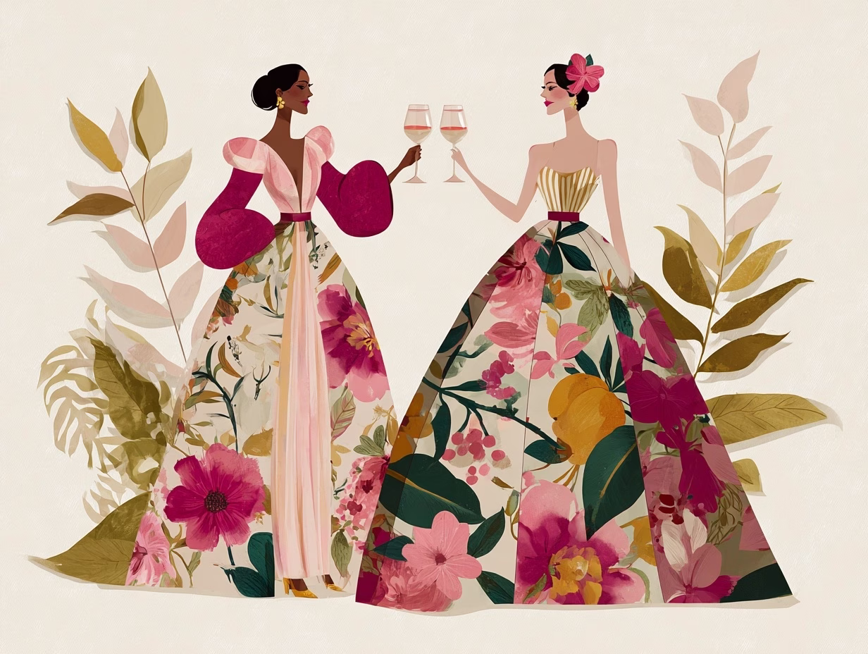 mixed media illustration of women in gowns toasting with white wine