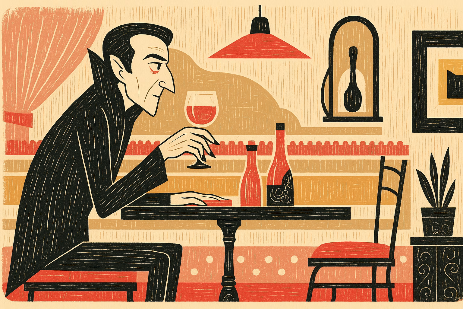 vampire in a wine bar drinking lambrusco