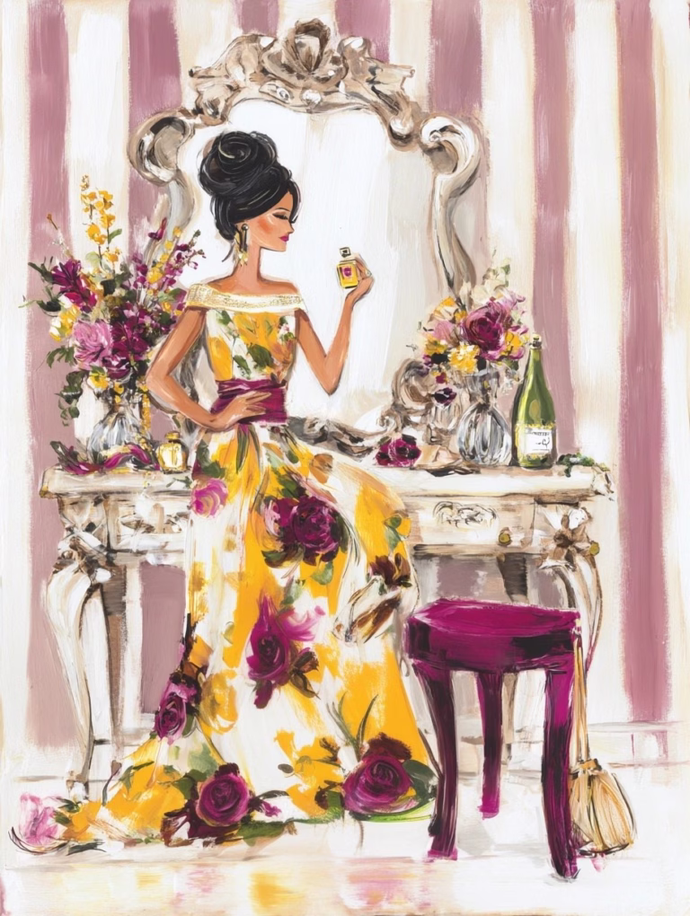 woman applying perfume in front of vanity