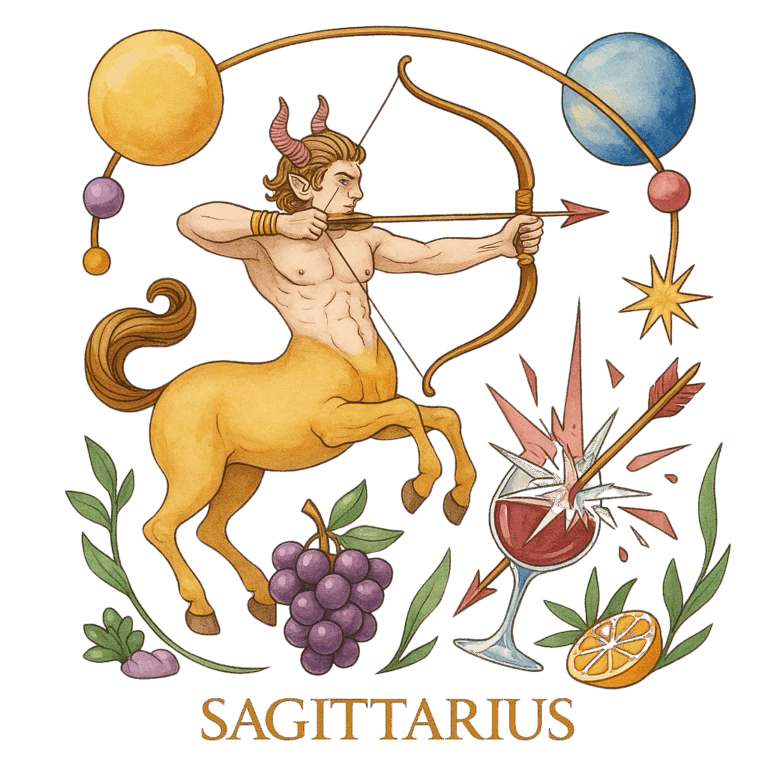 Sagittarius shooting an arrow into a glass of red wine