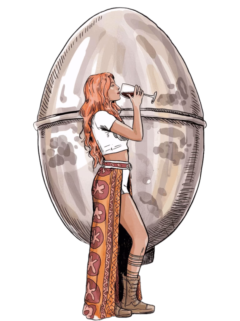 hippie girl in front of clay aging vessel