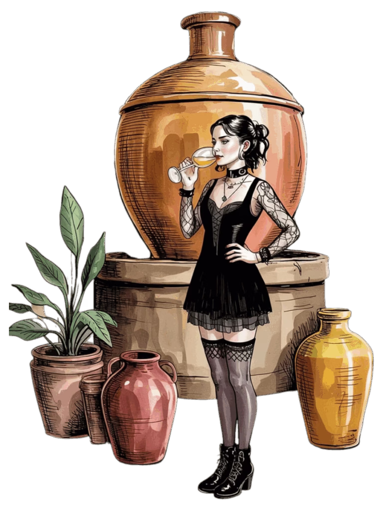 modern goth girl in front of clay aging vat drinking wine