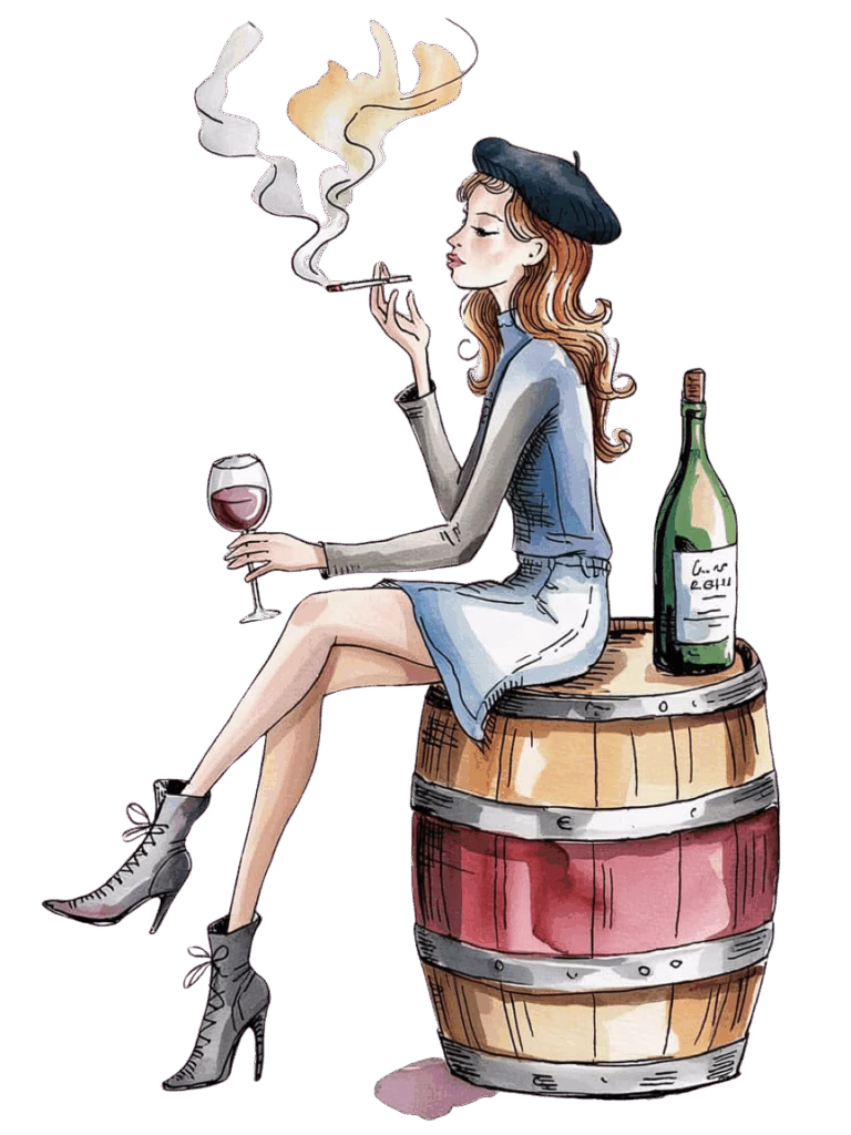 chic french girl on a wine barrel smoking and drinking wine