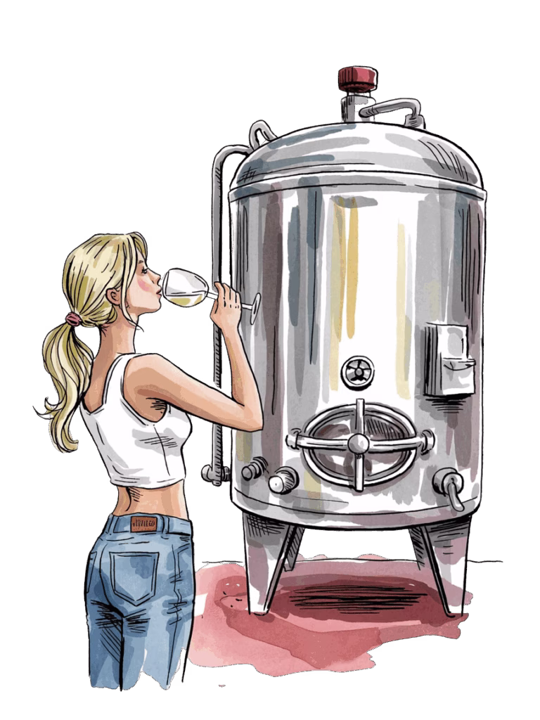 california girl in basics in front of stainless steel tank