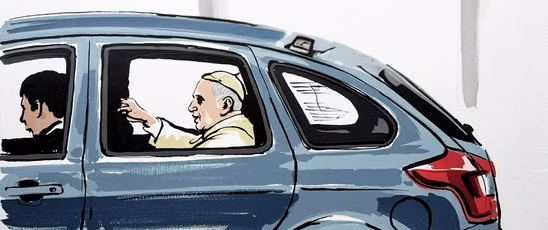 drawing of pope francis in his ford focus