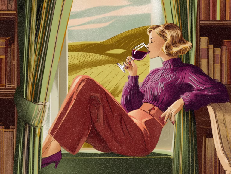 illustration of woman drinking wine in sonoma