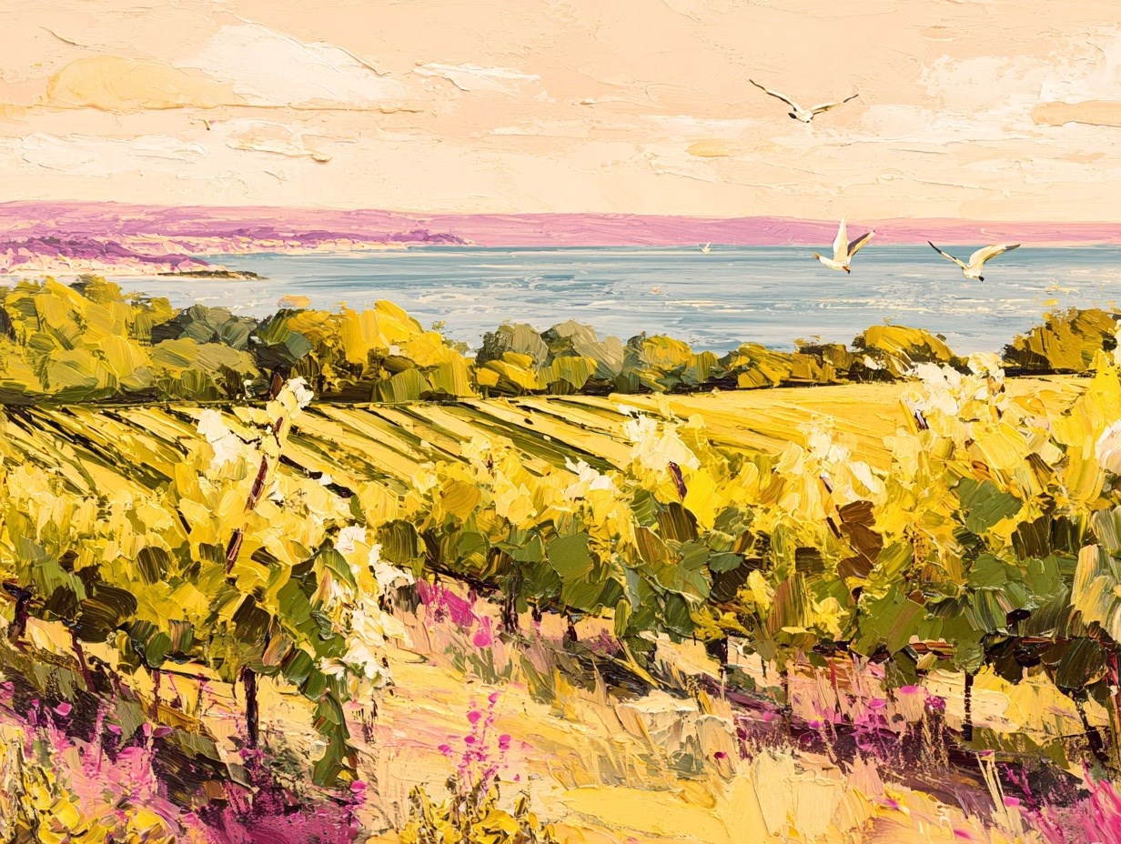 impressionist image of a seaside vineyard in the loire valley