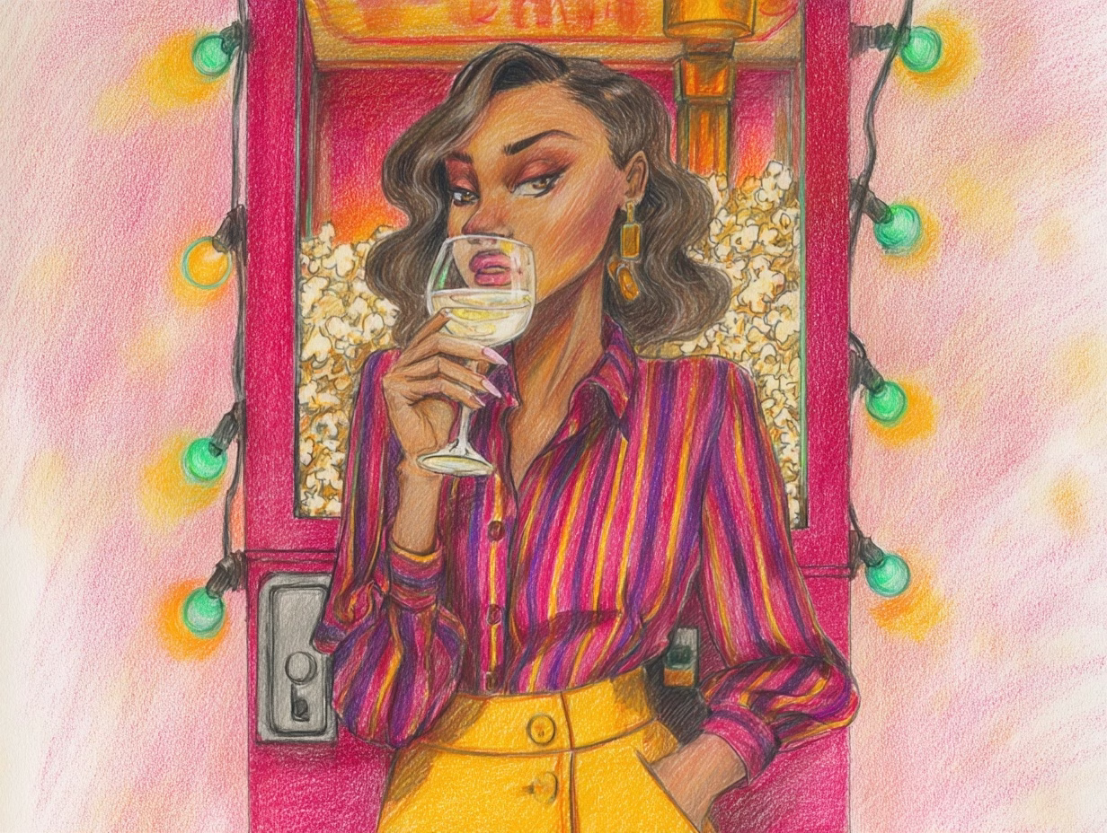 illustration of a woman drinking chardonnay at a popcorn machine