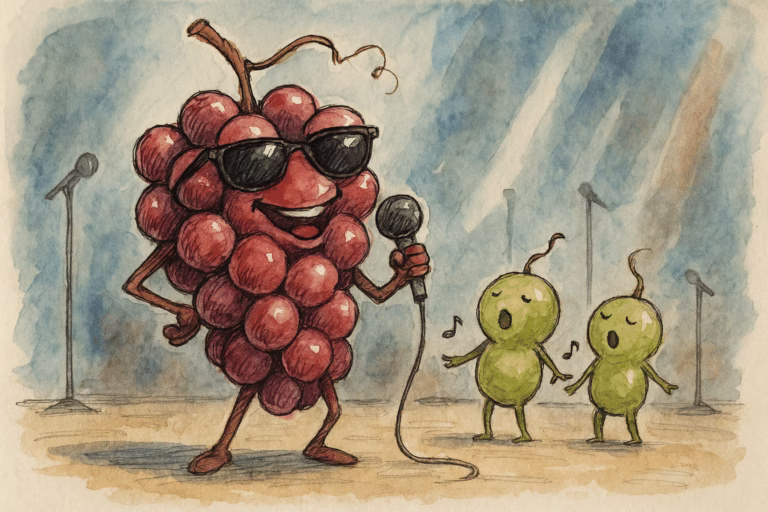 white grapes as backup singers to a large bunch of red grapes