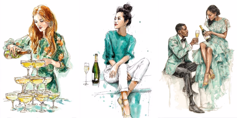 watercolor illustration of people enjoying champagne