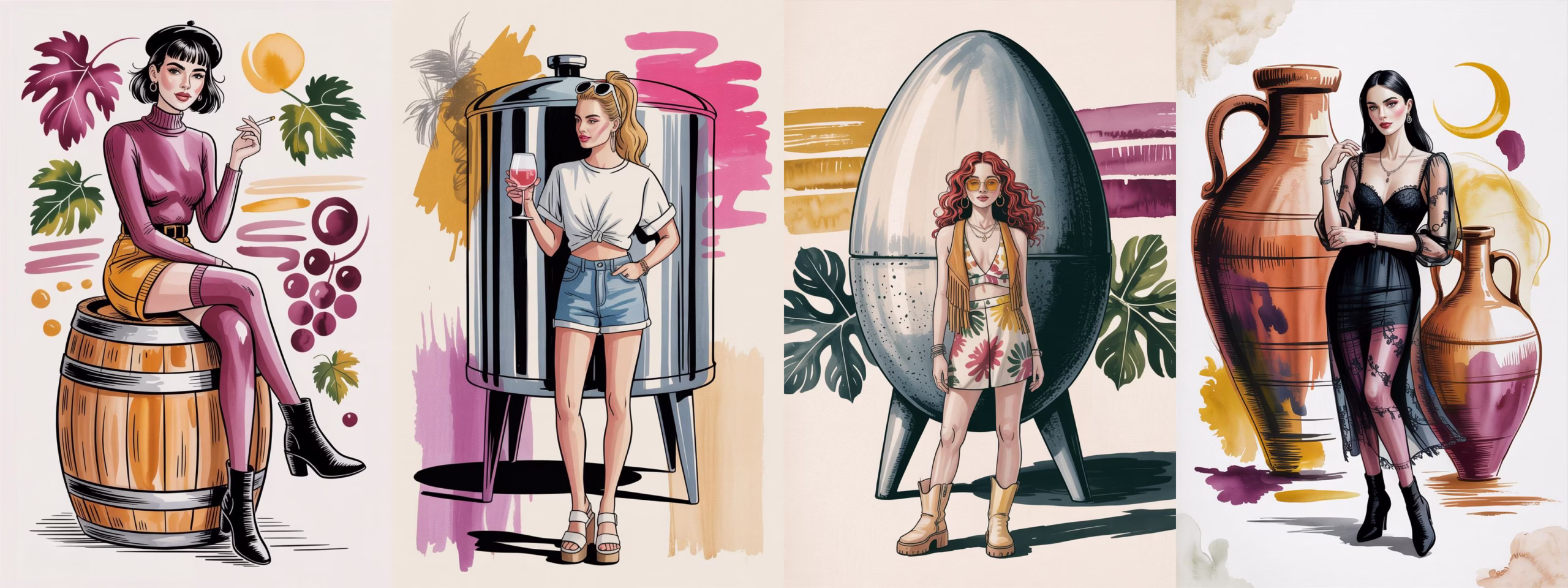 women in front of verious wine aging vessels