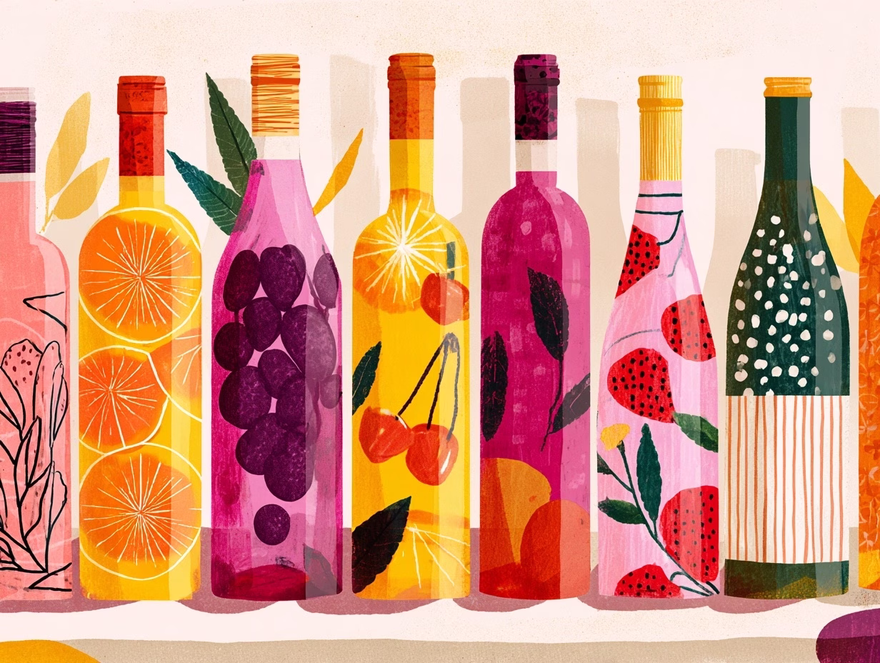 wine bottles filled with different fruits