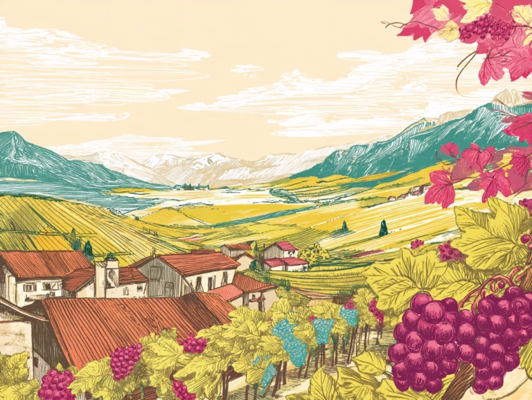 watercolor image of trentino alto-adige mountain vineyard