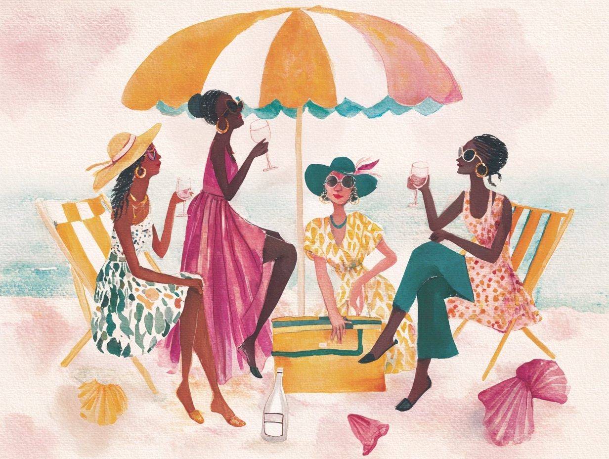 gouache image of women on the beach