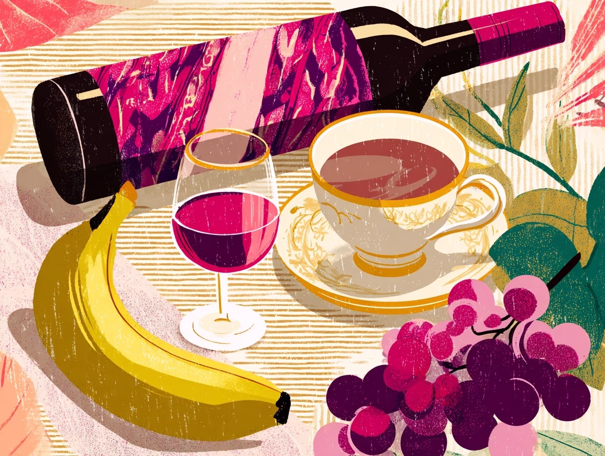still life image of wine, a banana, grapes, and a cup of tea