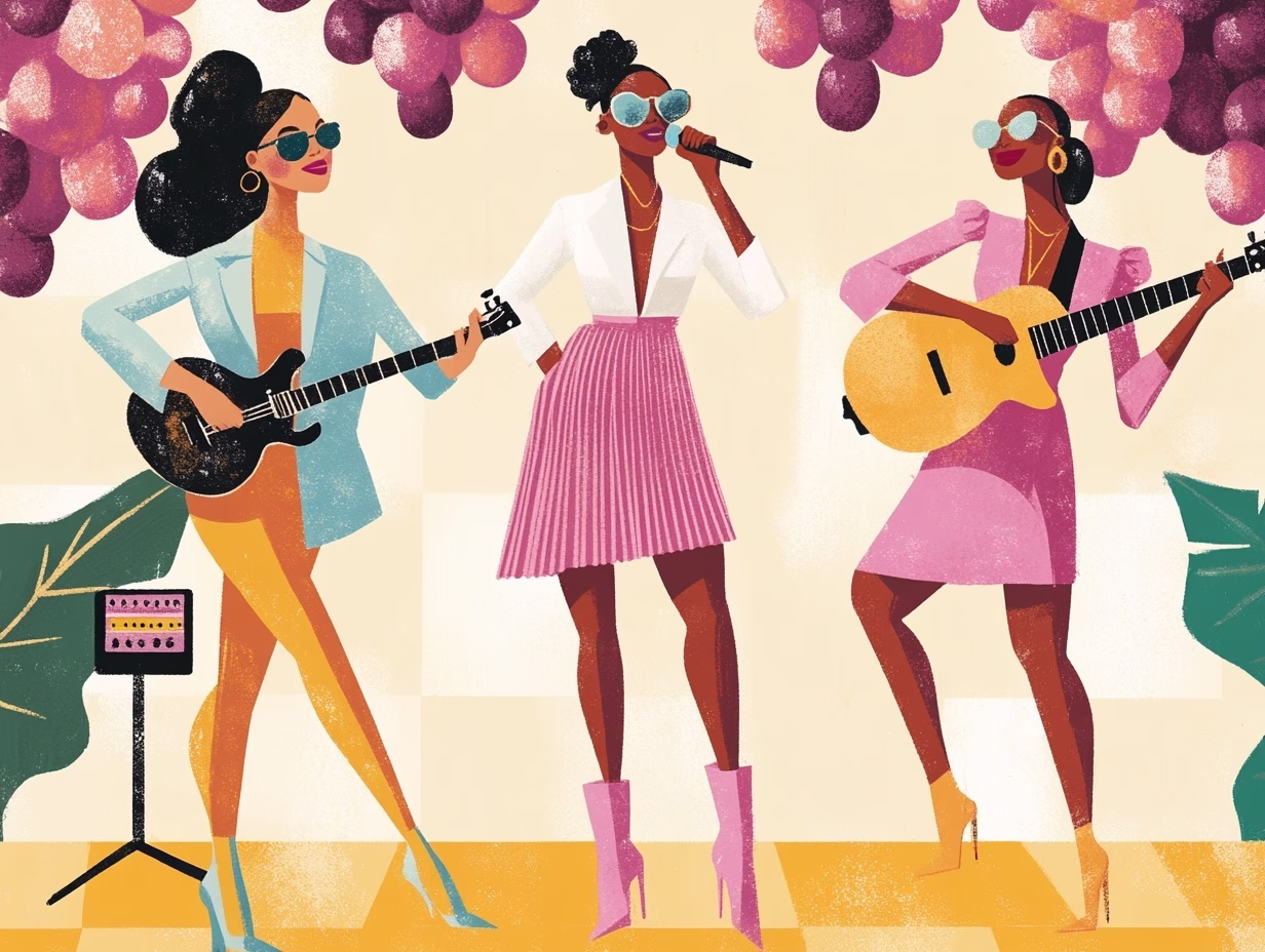 illustration of a female girl group playing against a bunch of grapes