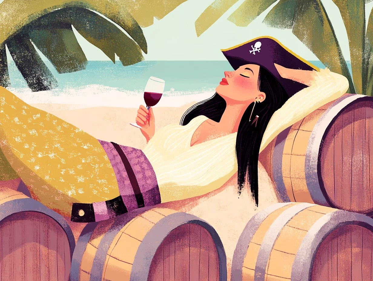 illustration of pirate lounging on wine barrels