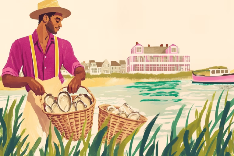 illustration of a fisherman digging for oysters