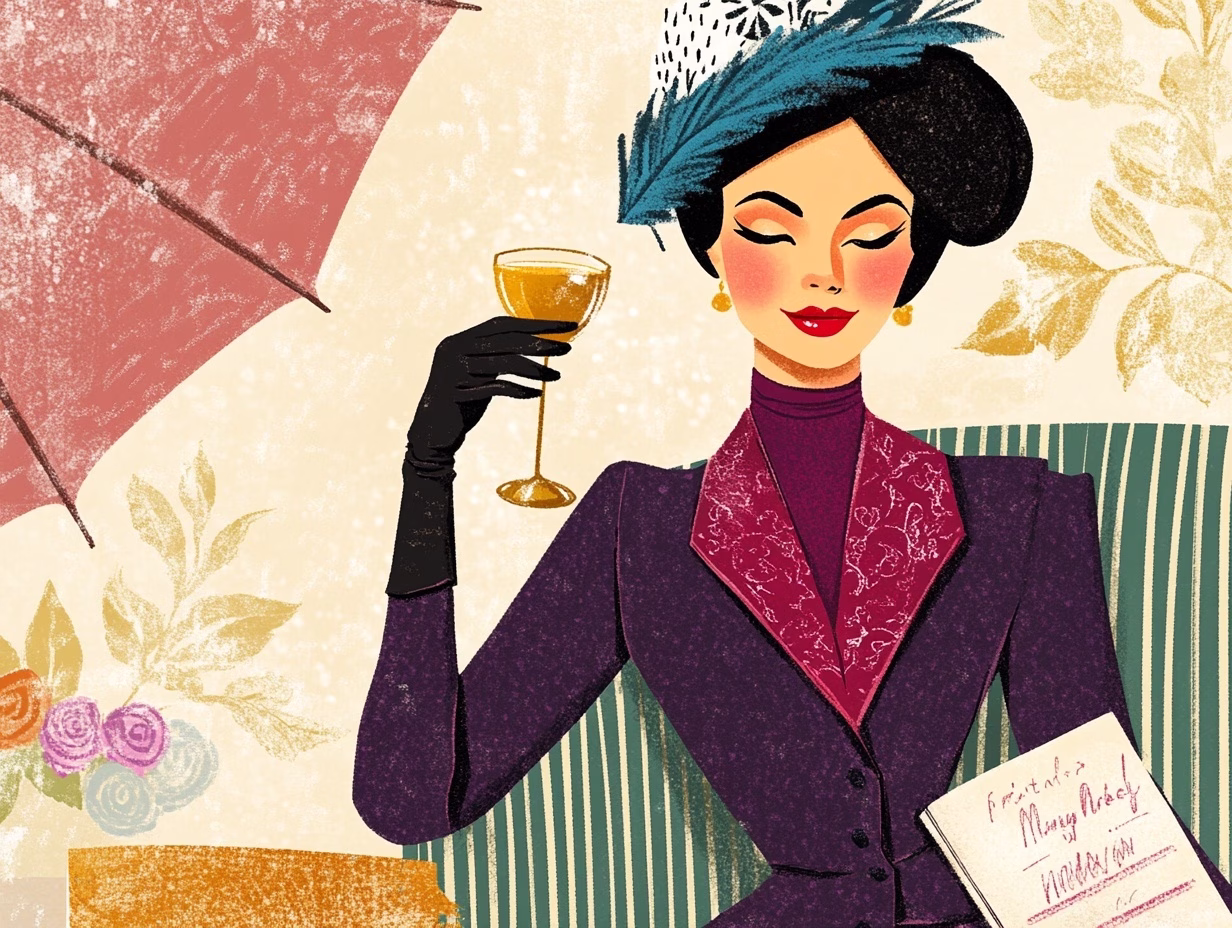 illustration of mary poppins drinking a glass of sherry