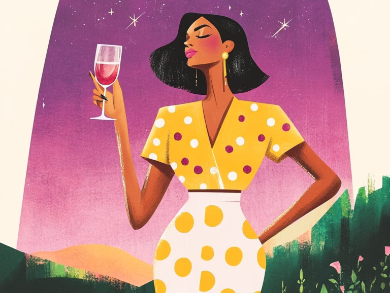 illustration of a woman drinking wine in front of a meteor shower