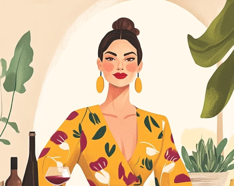 illustration of a woman cooking while drinking red wine