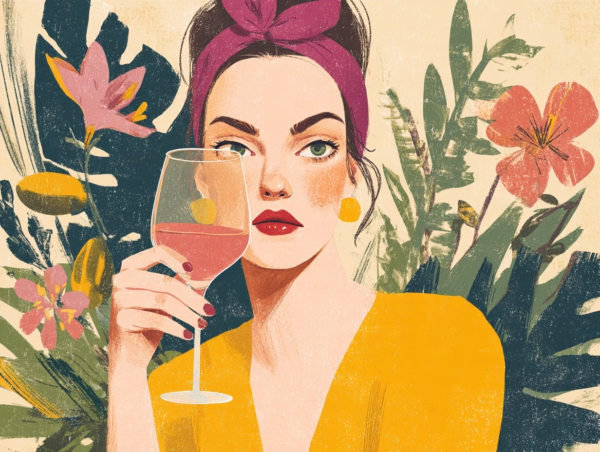 Illustration of woman drinking rosé with flowers