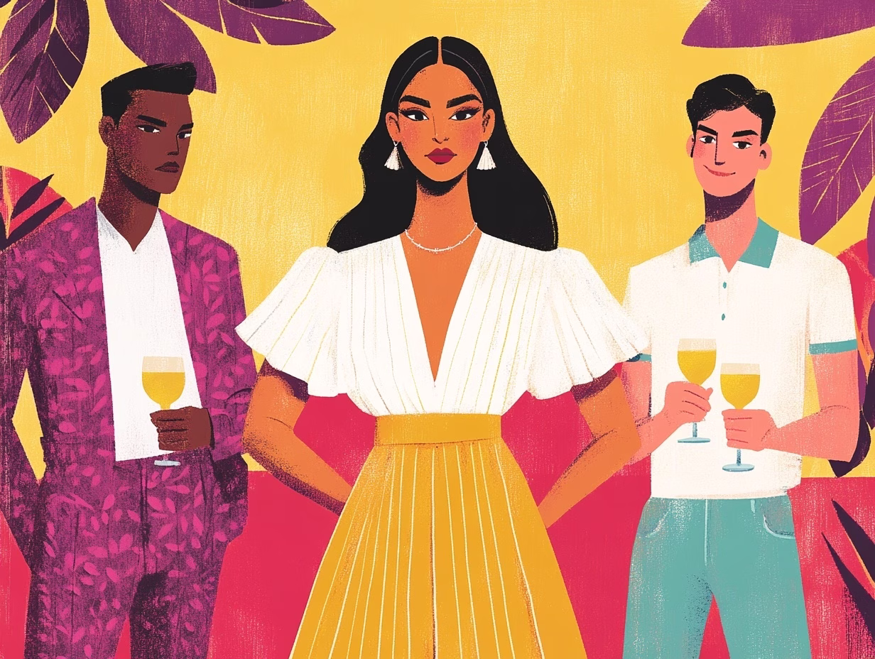 illustration of a woman choosing between suitors representing old and new world wine