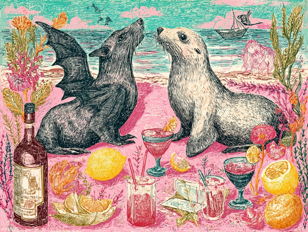 illustration of bacardi bat and gosling seal facing off