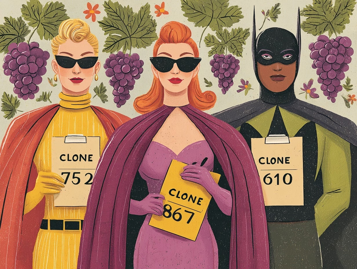 illustration of wine clones as superheroes