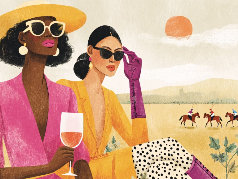 illustration of women drinking wine while watching polo