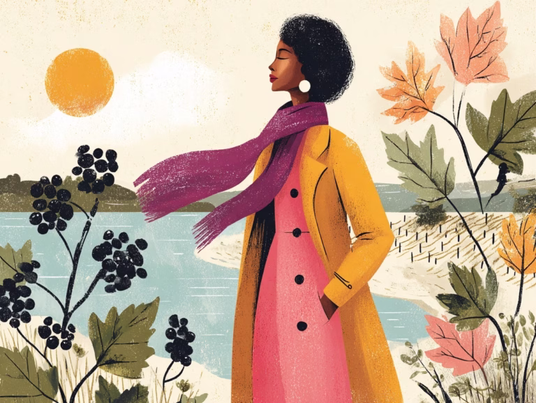 illustration of a woman in a coat by the lake