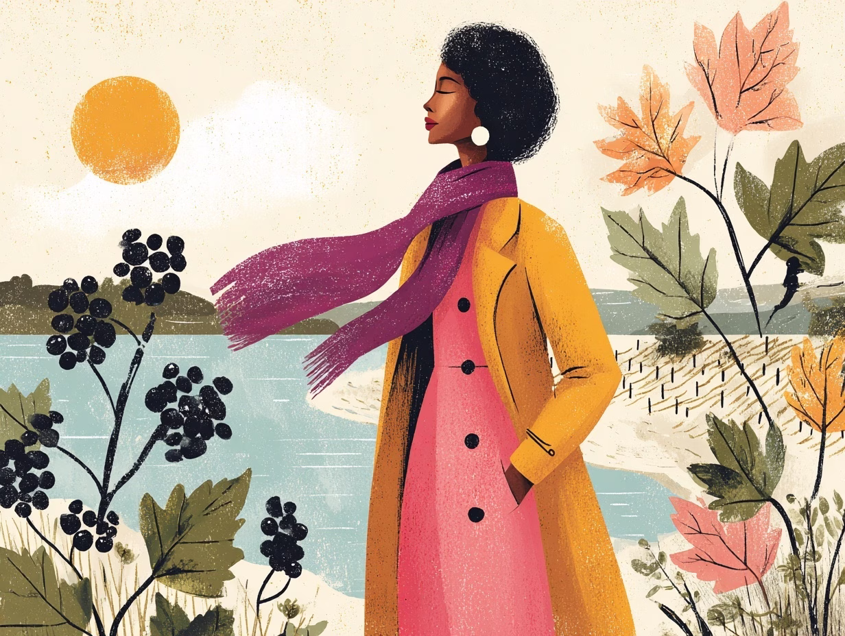 illustration of a woman in a coat by the lake