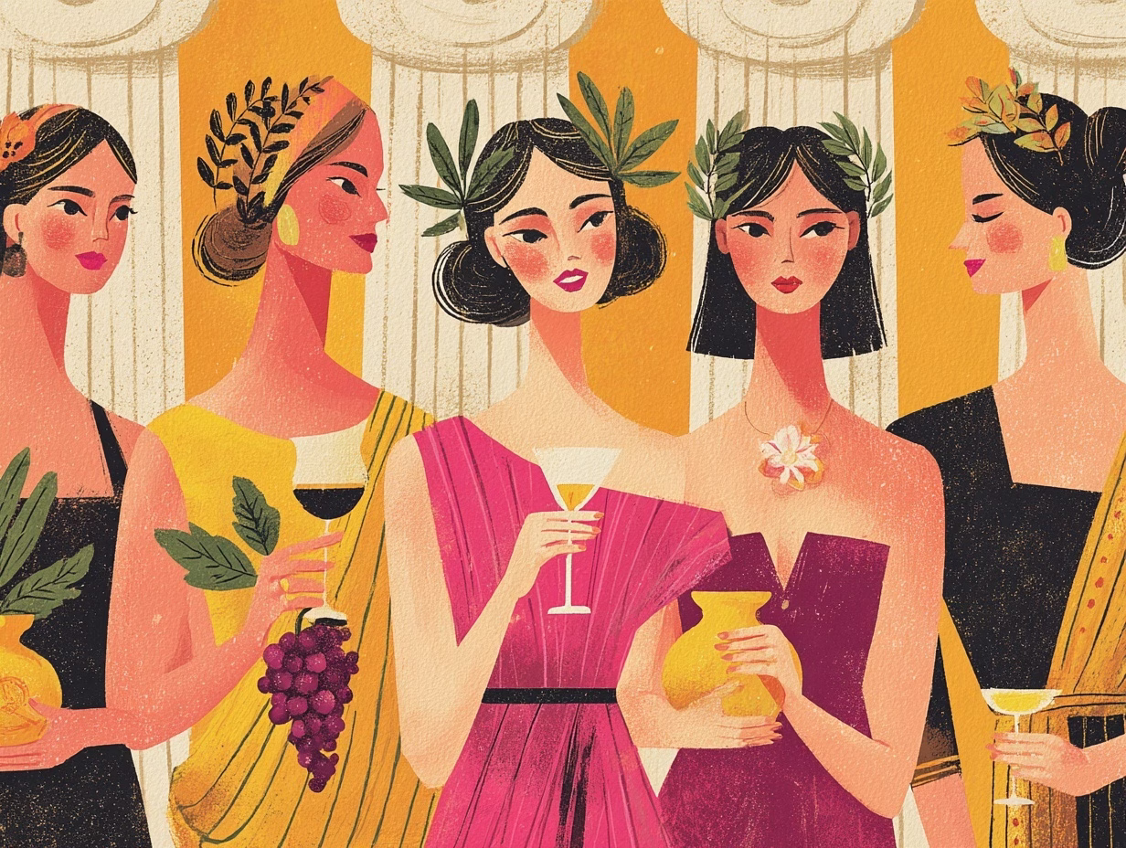 illustration of greek goddesses drinking wine at the parthenon