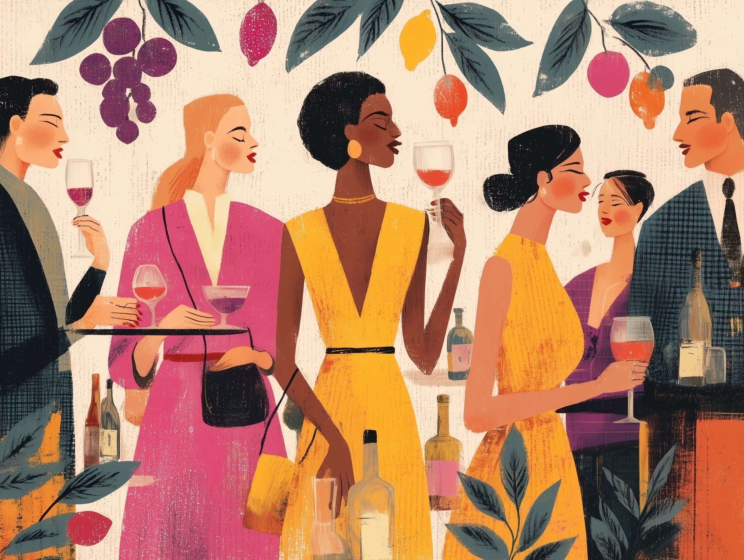 illustration of a stylish crowd at a wine tasting