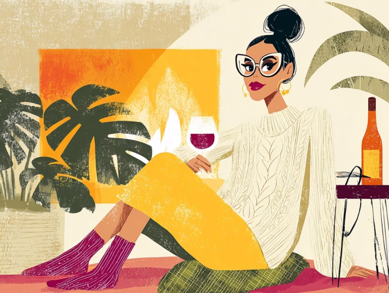 illustration of a woman with a glass of red wine by the fire