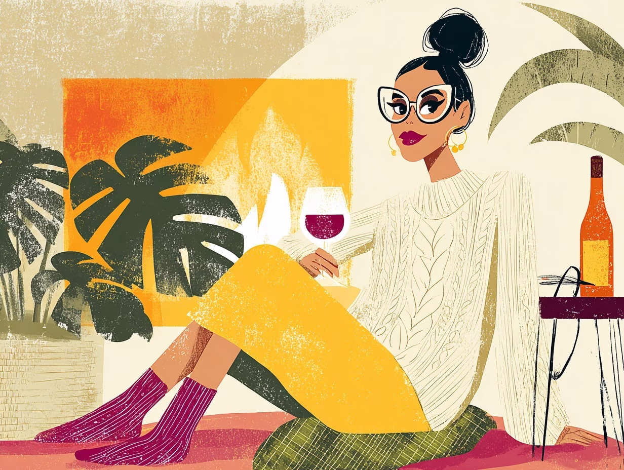 illustration of a woman with a glass of red wine by the fire