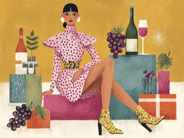 illustration of a woman shopping black friday and cyber monday for holiday wine gifts