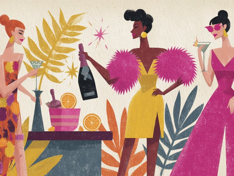 illustration of stylish women celebrating the holidays with a magnum of champagne