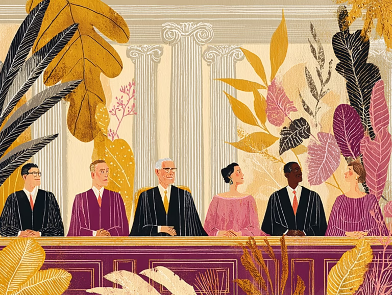 stylized illustration of the supreme court tariffs hearing