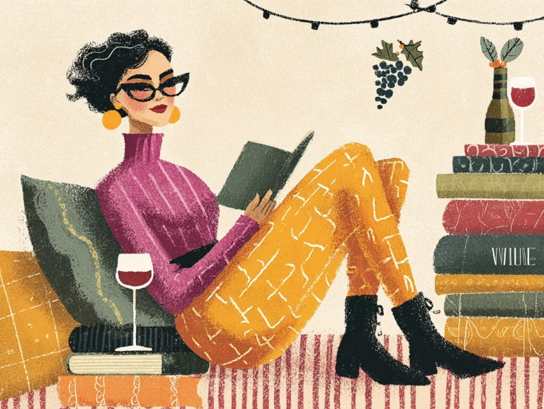 illustration of woman drinking wine and reading