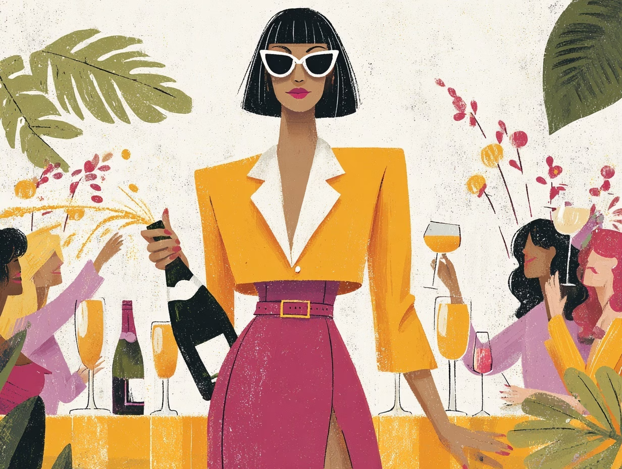 illustration of a stylish woman popping a magnum of champagne at a dinner party