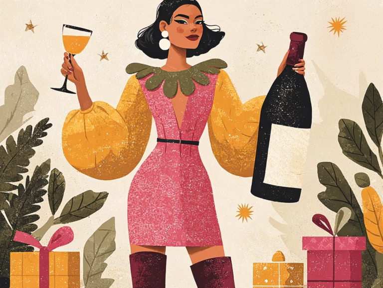 illustration of a woman holding wine at a holiday party