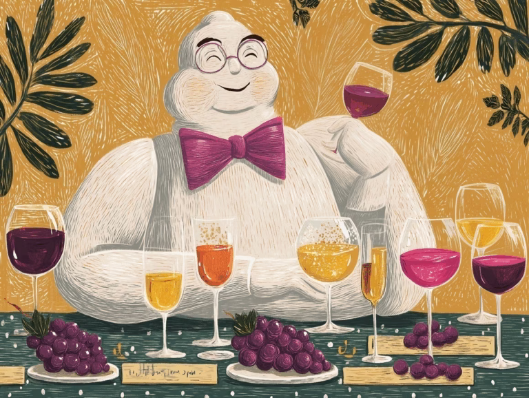 illustration of the michelin man rating grapes and wines